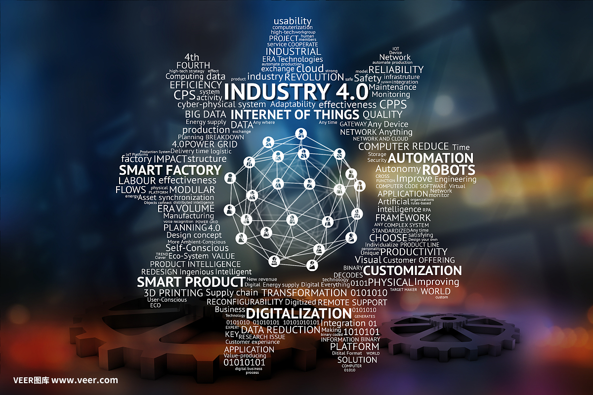 工业4.0网络物理系统概念,齿轮,物联网网络,智能工厂解决方案,制造技术,自动化机器人文本与抽象齿轮背景
